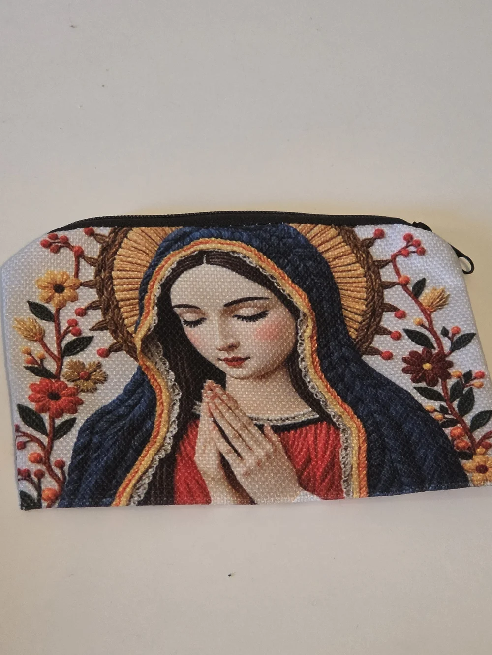Prayer Virgin Mary Embroidered Cosmetic Pouch - Blue & Red